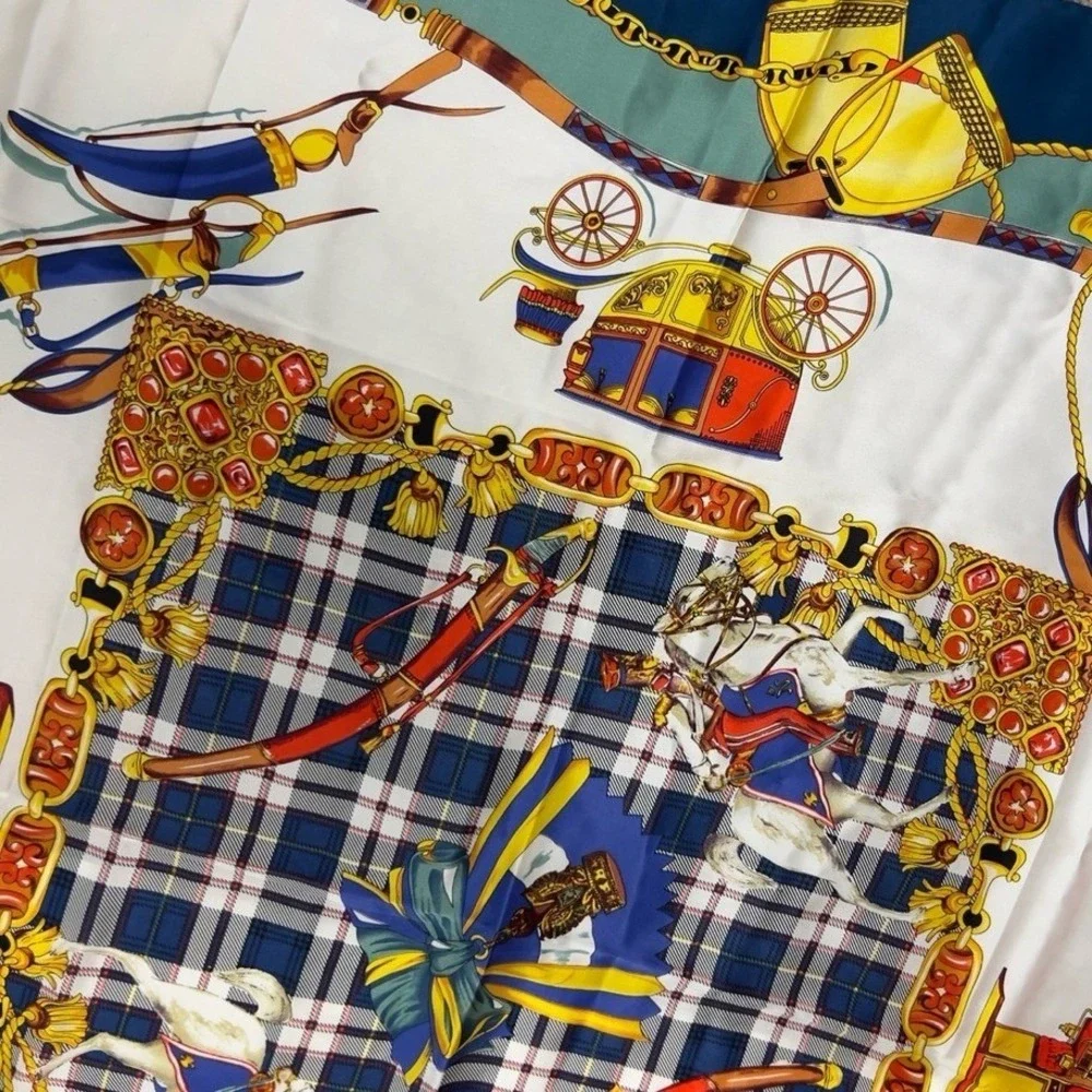 Vintage Italian Silk Square Scarf Navy Blue Plaid Equestrian Carriage Motif‎